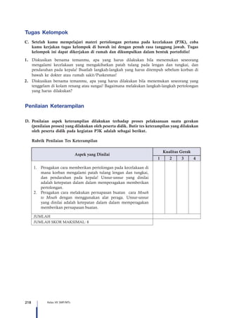 218 Kelas VII SMP/MTs
Tugas Kelompok
C.	Setelah kamu mempelajari materi pertolongan pertama pada kecelakaan (P3K), coba
kamu kerjakan tugas kelompok di bawah ini dengan penuh rasa tanggung jawab. Tugas
kelompok ini dapat dikerjakan di rumah dan dikumpulkan dalam bentuk portofolio!
1.	 Diskusikan bersama temanmu, apa yang harus dilakukan bila menemukan seseorang
mengalami kecelakaan yang mengakibatkan patah tulang pada lengan dan tungkai, dan
pendarahan pada kepala! Buatlah langkah-langkah yang harus ditempuh sebelum korban di
bawah ke dokter atau rumah sakit/Puskesmas!
2.	 Diskusikan bersama temanmu, apa yang harus dilakukan bila menemukan seseorang yang
tenggelam di kolam renang atau sungai! Bagaimana melakukan langkah-langkah pertolongan
yang harus dilakukan?
Penilaian Keterampilan
D.	Penilaian aspek keterampilan dilakukan terhadap proses pelaksanaan suatu gerakan
(penilaian proses) yang dilakukan oleh peserta didik. Butir tes keterampilan yang dilakukan
oleh peserta didik pada kegiatan P3K adalah sebagai berikut.
	 Rubrik Penilaian Tes Keterampilan
Aspek yang Dinilai
Kualitas Gerak
1 2 3 4
1.	 Peragakan cara memberikan pertolongan pada kecelakaan di
mana korban mengalami patah tulang lengan dan tungkai,
dan pendarahan pada kepala! Unsur-unsur yang dinilai
adalah ketepatan dalam dalam memperagakan memberikan
pertolongan.
2.	 Peragakan cara melakukan pernapasan buatan cara Mouth
to Mouth dengan menggunakan alat peraga. Unsur-unsur
yang dinilai adalah ketepatan dalam dalam memperagakan
memberikan pernapasan buatan.
JUMLAH
JUMLAH SKOR MAKSIMAL: 8
 