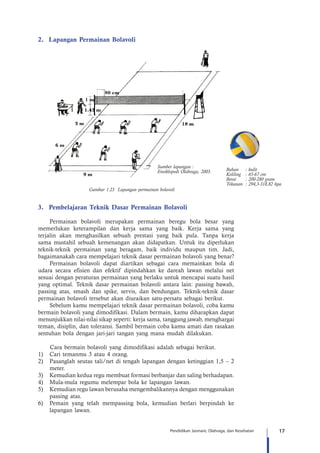 17Pendidikan Jasmani, Olahraga, dan Kesehatan
2.	 Lapangan Permainan Bolavoli
3.	 Pembelajaran Teknik Dasar Permainan Bolavoli
Permainan bolavoli merupakan permainan beregu bola besar yang
memerlukan keterampilan dan kerja sama yang baik. Kerja sama yang
terjalin akan menghasilkan sebuah prestasi yang baik pula. Tanpa kerja
sama mustahil sebuah kemenangan akan didapatkan. Untuk itu diperlukan
teknik-teknik permainan yang beragam, baik individu maupun tim. Jadi,
bagaimanakah cara mempelajari teknik dasar permainan bolavoli yang benar?
Permainan bolavoli dapat diartikan sebagai cara memainkan bola di
udara secara efisien dan efektif dipindahkan ke dareah lawan melalui net
sesuai dengan peraturan permainan yang berlaku untuk mencapai suatu hasil
yang optimal. Teknik dasar permainan bolavoli antara lain: passing bawah,
passing atas, smash dan spike, servis, dan bendungan. Teknik-teknik dasar
permainan bolavoli tersebut akan diuraikan satu-persatu sebagai berikut.
Sebelum kamu mempelajari teknik dasar permainan bolavoli, coba kamu
bermain bolavoli yang dimodifikasi. Dalam bermain, kamu diharapkan dapat
menunjukkan nilai-nilai sikap seperti: kerja sama, tanggung jawab, menghargai
teman, disiplin, dan toleransi. Sambil bermain coba kamu amati dan rasakan
sentuhan bola dengan jari-jari tangan yang mana mudah dilakukan.
	 Cara bermain bolavoli yang dimodifikasi adalah sebagai berikut.
1)	 Cari temanmu 3 atau 4 orang.
2)	 Pasanglah seutas tali/net di tengah lapangan dengan ketinggian 1,5 – 2
meter.
3)	 Kemudian kedua regu membuat formasi berbanjar dan saling berhadapan.
4)	 Mula-mula regumu melempar bola ke lapangan lawan.
5)	 Kemudian regu lawan berusaha mengembalikannya dengan menggunakan
passing atas.
6)	 Pemain yang telah mempassing bola, kemudian berlari berpindah ke
lapangan lawan.
Gambar 1.23 Lapangan permainan bolavoli
Bahan	 : kulit
Keliling	 : 65-67 cm
Berat	 : 200-280 gram
Tekanan	 : 294,3-318,82 hpa
Sumber lapangan :
Ensiklopedi Olahraga, 2003.
 