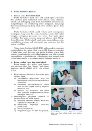 231Pendidikan Jasmani, Olahraga, dan Kesehatan
Gambar 10.2 Kegiatan yang dapat dilakukan oleh peserta didik
dalam program Usaha Kesehatan Sekolah. (sumber dokumen:
Kemdikbud).
9.	 Usaha Kesehatan Sekolah
a.	 Hakikat Usaha Kesehatan Sekolah
Usaha Kesehatan Sekolah atau UKS adalah upaya pendidikan
dan Kesehatan yang dilaksanakan secara terpadu, sadar, berencana,
terarah, dan bertanggung jawab dalam menanamkan, menumbuhkan,
mengembangkan dan membimbing untuk menghayati, menyenangi
dan melaksanakan prinsip hidup sehat dalam kehidupan peserta didik
sehari-hari.
Usaha Kesehatan Sekolah adalah wahana untuk meningkatkan
kemampuan hidup sehat dan derajat kesehatan peserta didik sedini
mungkin, merupakan perpaduan dua upaya dasar yaitu upaya
pendidikan dan upaya kesehatan, yang pada giliranya nanti diharap.
Usaha Kesehatan Sekolah adalah segala usaha yang dilakukan untuk
meningkatkan kesehatan anak usia sekolah pada setiap jalur, jenis dan
jenjang pendidikan.
Tujuan Usaha Kesehatan Sekolah (UKS) adalah untuk meningkatkan
mutu pendidikan dan prestasi belajar peserta didik dengan meningkatkan
perilaku hidup bersih dan sehat serta derajat kesehatan peserta didik
maupun warga belajar dan menciptakan lingkungan yang sehat, sehingga
memungkinkan pertumbuhan dan perkembangan yang harmonis serta
optimal dalam rangka pembentukan manusia Indonesia seutuhnya.
b.	 Ruang Lingkup Usaha Kesehatan Sekolah
Ruang lingkup UKS adalah ruang lingkup
yang tercermin dalam Tiga Program Pokok Usaha
Kesehatan Sekolah (TRIAS UKS), yaitu sebagai
berikut:
1)	 	Penyelenggaraan Pendidikan Kesehatan, yang
meliputi aspek:
a)	 Meningkatkan pengetahuan, sikap dan
keterampil­an untuk senantiasa berperilaku
hidup sehat.
b)	 Penanaman perilaku/kebiasaan hidup
sehat dan daya tangkal terhadap pengaruh
buruk dari luar.
c)	 Pelatihan dan penanaman pola hidup
sehat agar dapat diimplementasikan dalam
kehidupan sehari-hari.
2)	 Penyelenggaraan pelayanan Kesehatan di
sekolah antara lain dalam bentuk:
a)	 Pelayanan kesehatan; termasuk Kesehatan
Repro­duksi Remaja (KRR).
b)	 Pemeriksaan penjaringan kesehatan
peserta didik.
c)	 Pemeriksaan berkala.
d)	 Pengobatan ringan dan P3K maupun P3P.
 