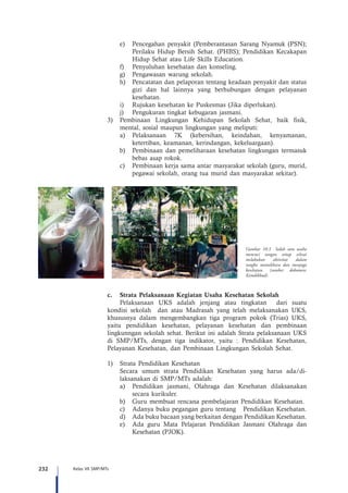 232 Kelas VII SMP/MTs
e)	 Pencegahan penyakit (Pemberantasan Sarang Nyamuk (PSN);
Perilaku Hidup Bersih Sehat. (PHBS); Pendidikan Kecakapan
Hidup Sehat atau Life Skills Education.
f)	 Penyuluhan kesehatan dan konseling.
g)	 Pengawasan warung sekolah.
h)	 Pencatatan dan pelaporan tentang keadaan penyakit dan status
gizi dan hal lainnya yang berhubungan dengan pelayanan
kesehatan.
i)	 Rujukan kesehatan ke Puskesmas (Jika diperlukan).
j)	 Pengukuran tingkat kebugaran jasmani.
3)	 Pembinaan Lingkungan Kehidupan Sekolah Sehat, baik fisik,
mental, sosial maupun lingkungan yang meliputi:
a)	 Pelaksanaan 7K (kebersihan, keindahan, kenyamanan,
ketertiban, keamanan, kerindangan, kekeluargaan).
b)	 Pembinaan dan pemeliharaan kesehatan lingkungan termasuk
bebas asap rokok.
c)	 Pembinaan kerja sama antar masyarakat sekolah (guru, murid,
pegawai sekolah, orang tua murid dan masyarakat sekitar).
c.	 Strata Pelaksanaan Kegiatan Usaha Kesehatan Sekolah
Pelaksanaan UKS adalah jenjang atau tingkatan dari suatu
kondisi sekolah dan atau Madrasah yang telah melaksanakan UKS,
khususnya dalam mengembangkan tiga program pokok (Trias) UKS,
yaitu pendidikan kesehatan, pelayanan kesehatan dan pembinaan
lingkunngan sekolah sehat. Berikut ini adalah Strata pelaksanaan UKS
di SMP/MTs, dengan tiga indikator, yaitu : Pendidikan Kesehatan,
Pelayanan Kesehatan, dan Pembinaan Lingkungan Sekolah Sehat.
1)	 Strata Pendidikan Kesehatan
Secara umum strata Pendidikan Kesehatan yang harus ada/di-
laksanakan di SMP/MTs adalah:
a)	 Pendidikan jasmani, Olahraga dan Kesehatan dilaksanakan
secara kurikuler.
b)	 Guru membuat rencana pembelajaran Pendidikan Kesehatan.
c)	 Adanya buku pegangan guru tentang Pendidikan Kesehatan.
d)	 Ada buku bacaan yang berkaitan dengan Pendidikan Kesehatan.
e)	 Ada guru Mata Pelajaran Pendidikan Jasmani Olahraga dan
Kesehatan (PJOK).
Gambar 10.3 Salah satu usaha
mencuci tangan setiap selesai
melakukan aktivitas dalam
rangka memelihara dan menjaga
kesehatan. (sumber dokumen:
Kemdikbud).
 