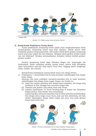 19Pendidikan Jasmani, Olahraga, dan Kesehatan
Gambar 1.25 Teknik passing bawah permainan bolavoli
	 2)	 Bentuk-bentuk Pembelajaran Passing Bawah
Tujuan pembelajaran mempassing bawah adalah untuk mengkombinasikan teknik
gerakan-gerakan mempassing bawah yang telah dipelajari. Setelah peserta didik
melakukan gerakan mempassing bawah, coba rasakan teknik-teknik gerakan mempassing
bawah yang mana mudah dan sulit dilakukan. Mengapa teknik gerakan tersebut mudah
dan sulit dilakukan? Temukan permasalahannya kemudian lakukan kembali gerakan-
gerakan tersebut.
Gerakan mempassing bawah dapat dilakukan dengan cara: berpasangan dan
berkelompok. Dalam melakukan gerakan passing bawah, peserta didik diharapkan
dapat menunjukkan nilai-nilai sikap seperti: kerja sama, tanggung jawab, menghargai
teman, disiplin, dan toleransi.
	 Bentuk-bentuk pembelajaran passing bawah antara lain sebagai berikut.
a)	 Pembelajaran 1: memantulkan bola ke lantai kemudian melambungkan bola dengan
kedua tangan.
Sekarang coba kamu praktikkan memantul-mantulkan bola ke lantai kemudian
melambungkan bola dengan kedua tangan dengan cara berikut ini.
(1)	 Amati dan rasakan perkenaan bola dengan kedua tanganmu, dan tenaga yang
disalurkan ke bola sehingga bola memantul dengan baik.
(2)	 Temukan pola gerakan yang paling sesuai buat dirimu.
(3)	 Lakukan pembelajaran ini secara berulang-ulang di tempat dan dilanjutkan
dengan gerakan maju-mundur serta menyamping.
	 Lakukan gerakan memantul-mantulkan bola ke lantai kemudian melambungkan
bola dengan kedua tangan secara benar, pada saat bola melambung, lalu bola
tersebut dipassingkan dengan kedua tangan dan poros atau pusat gerakan
berada pada kedua bahu
Gambar 1.26 Cara memantulkan bola ke lantai kemudian mempassingnya
Sumber: FIVB
 