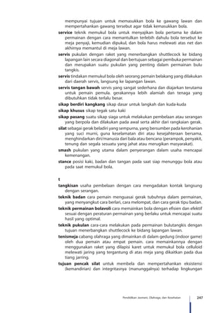 247Pendidikan Jasmani, Olahraga, dan Kesehatan
mempunyai tujuan untuk memasukkan bola ke gawang lawan dan
mempertahankan gawang tersebut agar tidak kemasukkan bola.
service teknik memukul bola untuk menyajikan bola pertama ke dalam
permainan dengan cara memantulkan terlebih dahulu bola tersebut ke
meja penyaji, kemudian dipukul, dan bola harus melewati atas net dan
akhirnya memantul di meja lawan.
servis pukulan dengan raket yang menerbangkan shuttlecock ke bidang
lapangan lain secara diagonal dan bertujuan sebagai pembuka permainan
dan merupakan suatu pukulan yang penting dalam permainan bulu
tangkis.
servis tindakan memukul bola oleh seorang pemain belakang yang dilakukan
dari daerah servis, langsung ke lapangan lawan.
servis tangan bawah servis yang sangat sederhana dan diajarkan terutama
untuk pemain pemula. gerakannya lebih alamiah dan tenaga yang
dibutuhkan tidak terlalu besar.
sikap berdiri kangkang sikap dasar untuk langkah dan kuda-kuda
sikap khusus sikap tegak satu kaki
sikap pasang suatu sikap siaga untuk melakukan pembelaan atau serangan
yang berpola dan dilakukan pada awal serta akhir dari rangkaian gerak.
silat sebagai gerak beladiri yang sempurna, yang bersumber pada kerohanian
yang suci murni, guna keselamatan diri atau kesejahteraan bersama,
menghindarkan diri/manusia dari bala atau bencana (perampok, penyakit,
tenung dan segala sesuatu yang jahat atau merugikan masyarakat).
smash pukulan yang utama dalam penyerangan dalam usaha mencapai
kemenangan.
stance posisi kaki, badan dan tangan pada saat siap menunggu bola atau
pada saat memukul bola.
t
tangkisan usaha pembelaan dengan cara mengadakan kontak langsung
dengan serangan.
teknik badan cara pemain menguasai gerak tubuhnya dalam permainan,
yang menyangkut cara berlari, cara melompat, dan cara gerak tipu badan.
teknik permainan bolavoli cara memainkan bola dengan efisien dan efektif
sesuai dengan peraturan permainan yang berlaku untuk mencapai suatu
hasil yang optimal.
teknik pukulan cara-cara melakukan pada permainan bulutangkis dengan
tujuan menerbangkan shuttlecock ke bidang lapangan lawan.
tenismeja cabang olahraga yang dimainkan di dalam gedung (indoor game)
oleh dua pemain atau empat pemain. cara memainkannya dengan
menggunakan raket yang dilapisi karet untuk memukul bola celluloid
melewati jaring yang tergantung di atas meja yang dikaitkan pada dua
tiang jarring.
tujuan pencak silat untuk membela dan mempertahankan eksistensi
(kemandirian) dan integritasnya (manunggalnya) terhadap lingkungan
 