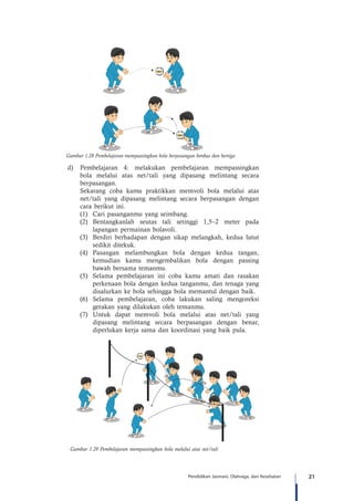 21Pendidikan Jasmani, Olahraga, dan Kesehatan
Gambar 1.28 Pembelajaran mempassingkan bola berpasangan berdua dan bertiga
d)	 Pembelajaran 4: melakukan pembelajaran mempassingkan
bola melalui atas net/tali yang dipasang melintang secara
berpasangan.
Sekarang coba kamu praktikkan memvoli bola melalui atas
net/tali yang dipasang melintang secara berpasangan dengan
cara berikut ini.
(1)	 Cari pasanganmu yang seimbang.
(2)	Bentangkanlah seutas tali setinggi 1,5–2 meter pada
lapangan permainan bolavoli.
(3)	 Berdiri berhadapan dengan sikap melangkah, kedua lutut
sedikit ditekuk.
(4)	Pasangan melambungkan bola dengan kedua tangan,
kemudian kamu mengembalikan bola dengan passing
bawah bersama temanmu.
(5)	 Selama pembelajaran ini coba kamu amati dan rasakan
perkenaan bola dengan kedua tanganmu, dan tenaga yang
disalurkan ke bola sehingga bola memantul dengan baik.
(6)	Selama pembelajaran, coba lakukan saling mengoreksi
gerakan yang dilakukan oleh temanmu.
(7)	Untuk dapat memvoli bola melalui atas net/tali yang
dipasang melintang secara berpasangan dengan benar,
diperlukan kerja sama dan koordinasi yang baik pula.
Gambar 1.29 Pembelajaran mempassingkan bola melalui atas net/tali
 