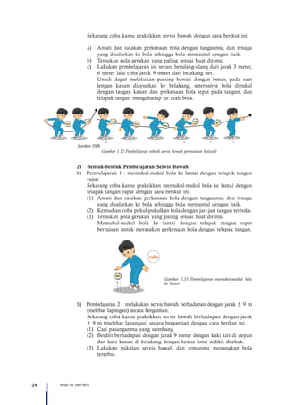 24 Kelas VII SMP/MTs
Sekarang coba kamu praktikkan servis bawah dengan cara berikut ini.
a)	 Amati dan rasakan perkenaan bola dengan tanganmu, dan tenaga
yang disalurkan ke bola sehingga bola memantul dengan baik.
b)	 Temukan pola gerakan yang paling sesuai buat dirimu.
c)	 Lakukan pembelajaran ini secara berulang-ulang dari jarak 3 meter,
6 meter lalu coba jarak 9 meter dari belakang net.
	 Untuk dapat melakukan passing bawah dengan benar, pada saat
lengan kanan diayunkan ke belakang, seterusnya bola dipukul
dengan tangan kanan dan perkenaan bola tepat pada tangan, dan
telapak tangan mengahadap ke arah bola.
A B C D E F
Gambar 1.32 Pembelajaran teknik servis bawah permainan bolavoli
2)	 Bentuk-bentuk Pembelajaran Servis Bawah
b)	 Pembelajaran 1 : memukul-mukul bola ke lantai dengan telapak tangan
rapat.
Sekarang coba kamu praktikkan memukul-mukul bola ke lantai dengan
telapak tangan rapat dengan cara berikut ini.
(1)	 Amati dan rasakan perkenaan bola dengan tanganmu, dan tenaga
yang disalurkan ke bola sehingga bola memantul dengan baik.
(2)	 Kemudian coba pukul-pukulkan bola dengan jari-jari tangan terbuka.
(3)	 Temukan pola gerakan yang paling sesuai buat dirimu.
	 Memukul-mukul bola ke lantai dengan telapak tangan rapat
bertujuan untuk merasakan perkenaan bola dengan telapak tangan.
Gambar 1.33 Pembelajaran memukul-mukul bola
ke lantai
b)	 Pembelajaran 2 : melakukan servis bawah berhadapan dengan jarak ± 9 m
(melebar lapangan) secara bergantian.
Sekarang coba kamu praktikkan servis bawah berhadapan dengan jarak
± 9 m (melebar lapangan) secara bergantian dengan cara berikut ini.
(1)	 Cari pasanganmu yang seimbang.
(2)	 Berdiri berhadapan dengan jarak 9 meter dengan kaki kiri di depan
dan kaki kanan di belakang dengan kedua lutut sedikit ditekuk.
(3)	Lakukan pukulan servis bawah dan temanmu menangkap bola
tersebut.
Sumber: FIVB
 