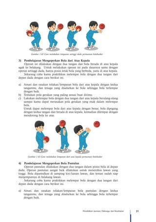 31Pendidikan Jasmani, Olahraga, dan Kesehatan
Gambar 1.42 Cara melakukan lemparan setinggi dada permainan bolabasket
3)	 Pembelajaran Mengoperkan Bola dari Atas Kepala
Operan ini dilakukan dengan dua tangan dan bola berada di atas kepala
agak ke belakang. Untuk melakukan operan ini pada dasarnya sama dengan
operan setinggi dada, hanya posisi letak bola yang berbeda, yaitu di atas kepala.
Sekarang coba kamu praktikkan melempar bola dengan dua tangan dari
depan dada dengan cara berikut ini.
a)	 Amati dan rasakan tolakan/lemparan bola dari atas kepala dengan kedua
tanganmu, dan tenaga yang disalurkan ke bola sehingga bola terlempar
dengan baik.
b)	 Temukan pola gerakan yang paling sesuai buat dirimu.
c)	 Lakukan melempar bola dengan dua tangan dari atas kepala berulang-ulang
sampai kamu dapat merasakan pola gerakan yang enak dalam melempar
bola.
	 Untuk dapat melempar bola dari atas kepala dengan benar, bola dipegang
dengan kedua tangan dan berada di atas kepala, kemudian dilempar dengan
mendorong bola ke atas.
Gambar 1.43 Cara melakukan lemparan dari atas kepala permainan bolabasket
4)	 Pembelajaran Mengoperkan Bola Pantulan
Operan pantulan dilakukan dengan dua tangan dalam posisi bola di depan
dada. Operan pantulan sangat baik dilakukan untuk menerobos lawan yang
tinggi. Bola dipantulkan di samping kiri/kanan lawan, dan teman sudah siap
menjemputnya di belakang lawan.
Sekarang coba kamu praktikkan melempar bola dengan dua tangan dari
depan dada dengan cara berikut ini.
a)	Amati dan rasakan tolakan/lemparan bola pantulan dengan kedua
tanganmu, dan tenaga yang disalurkan ke bola sehingga bola terlempar
dengan baik.
 