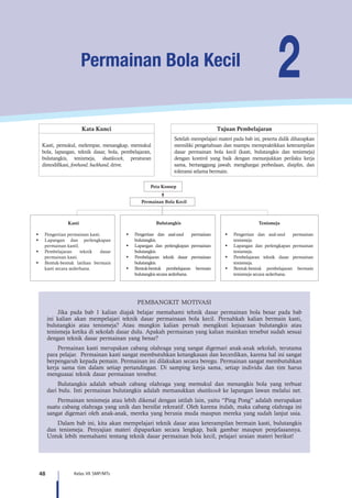 48 Kelas VII SMP/MTs
2Permainan Bola Kecil
Kata Kunci Tujuan Pembelajaran
Kasti, pemukul, melempar, menangkap, memukul
bola, lapangan, teknik dasar, bola, pembelajaran,
bulutangkis, tenismeja, shuttlecock, peraturan
dimodifikasi, forehand, backhand, drive.
Setelah mempelajari materi pada bab ini, peserta didik diharapkan
memiliki pengetahuan dan mampu mempraktikkan keterampilan
dasar permainan bola kecil (kasti, bulutangkis dan tenismeja)
dengan kontrol yang baik dengan menunjukkan perilaku kerja
sama, bertanggung jawab, menghargai perbedaan, disiplin, dan
toleransi selama bermain.
Kasti
§	 Pengertian permainan kasti.
§	 Lapangan dan perlengkapan
permainan kastil.
§	 Pembelajaran teknik dasar
permainan kasti.
§	 Bentuk-bentuk latihan bermain
kasti secara sederhana.
Bulutangkis
§	 Pengertian dan asal-usul permainan
bulutangkis.
§	 Lapangan dan perlengkapan permainan
bulutangkis.
§	 Pembelajaran teknik dasar permainan
bulutangkis.
§	 Bentuk-bentuk pembelajaran bermain
bulutangkis secara sederhana.
Tenismeja
§	 Pengertian dan asal-usul permainan
tenismeja.
§	 Lapangan dan perlengkapan permainan
tenismeja.
§	 Pembelajaran teknik dasar permainan
tenismeja.
§	 Bentuk-bentuk pembelajaran bermain
tenismeja secara sederhana.
Peta Konsep
Permainan Bola Kecil
PEMBANGKIT MOTIVASI
Jika pada bab 1 kalian diajak belajar memahami tehnik dasar permainan bola besar pada bab
ini kalian akan mempelajari teknik dasar permainaan bola kecil. Pernahkah kalian bermain kasti,
bulutangkis atau tenismeja? Atau mungkin kalian pernah mengikuti kejuaraan bulutangkis atau
tenismeja ketika di sekolah dasar dulu. Apakah permainan yang kalian mainkan tersebut sudah sesuai
dengan teknik dasar permainan yang benar?
Permainan kasti merupakan cabang olahraga yang sangat digemari anak-anak sekolah, terutama
para pelajar. Permainan kasti sangat membutuhkan ketangkasan dan kecerdikan, karena hal ini sangat
berpengaruh kepada pemain. Permainan ini dilakukan secara beregu. Permainan sangat membutuhkan
kerja sama tim dalam setiap pertandingan. Di samping kerja sama, setiap individu dan tim harus
menguasai teknik dasar permainan tersebut.
Bulutangkis adalah sebuah cabang olahraga yang memukul dan menangkis bola yang terbuat
dari bulu. Inti permainan bulutangkis adalah memasukkan shuttlecock ke lapangan lawan melalui net.
Permainan tenismeja atau lebih dikenal dengan istilah lain, yaitu “Ping Pong” adalah merupakan
suatu cabang olahraga yang unik dan bersifat rekreatif. Oleh karena itulah, maka cabang olahraga ini
sangat digemari oleh anak-anak, mereka yang berusia muda maupun mereka yang sudah lanjut usia.
Dalam bab ini, kita akan mempelajari teknik dasar atau keterampilan bermain kasti, bulutangkis
dan tenismeja. Penyajian materi dipaparkan secara lengkap, baik gambar maupun penjelasannya.
Untuk lebih memahami tentang teknik dasar permainan bola kecil, pelajari uraian materi berikut!
 