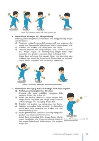 53Pendidikan Jasmani, Olahraga, dan Kesehatan
Gambar 2.8 Pembelajaran menangkap bola
mendatar permainan kasti
Gambar 2.6 Pembelajaran melempar bola rendah permainan kasti
4)	 Pembelajaran Melempar Bola Menggelundung
Sekarang coba kamu praktikkan melempar bola menggelundung dengan
cara berikut ini.
a)	 Amati dan rasakan lemparan bola dengan salah satu tanganmu, dan
tenaga yang disalurkan ke bola sehingga bola terlempar dengan baik.
b)	 Temukan pola gerakan yang paling sesuai buat dirimu.
c)	 Lakukan lemparan bola dengan tangan kanan, kemudian lakukan
pula dengan tangan kiri berulang-ulang sampai kamu dapat
merasakan pola gerakan yang enak dalam melempar bola.
	 Untuk dapat melempar bola dengan benar, bola diayunkan dari
belakang atas menuju ke depan bawah hingga bola itu meluncur,
tangan lempar diayunkan dari atas menuju bawah lutut.
Gambar 2.7 Pembelajaran melempar bola menggelundung permainan kasti
c.	 Pembelajaran Menangkap Bola dari Berbagai Arah dan Kecepatan
1)	 Pembelajaran Menangkap Bola Mendatar
	 Sekarang coba kamu praktikkan menangkap bola
mendatar dengan cara berikut ini.
a)	 Amati dan rasakan perkenaan tangan dengan bola
dengan kedua tanganmu, dan tenaga yang disalurkan
ke bola sehingga bola tertangkap dengan baik.
b)	 Temukan pola gerakan yang paling sesuai buat dirimu.
c)	 Lakukan menangkap bola mendatar berulang-ulang
sampai kamu dapat merasakan pola gerakan yang enak
dalam menangkap bola.
d)	 Selama pembelajaran, coba lakukan saling mengoreksi
gerakan yang dilakukan oleh temanmu.
	 Untuk dapat menangkap bola dengan benar, telapak
tangan menghadap bola dengan membentuk mangkuk
dan tangkap bola dengan kedua tangan, lalu genggam
dengan jari.
 