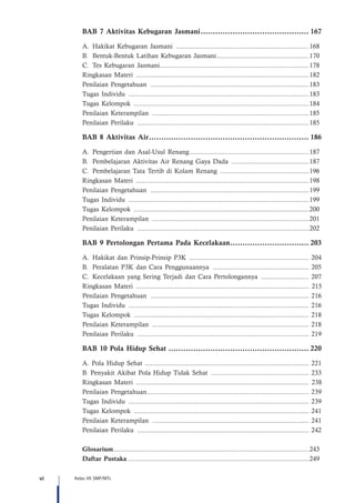 vi Kelas VII SMP/MTs
BAB 7 Aktivitas Kebugaran Jasmani.............................................	167
A.	Hakikat Kebugaran Jasmani .........................................................................168
B.	 Bentuk-Bentuk Latihan Kebugaran Jasmani...................................................170
C.	 Tes Kebugaran Jasmani..................................................................................178
Ringkasan Materi ...............................................................................................182
Penilaian Pengetahuan .......................................................................................183
Tugas Individu ...................................................................................................183
Tugas Kelompok ................................................................................................184
Penilaian Keterampilan ......................................................................................185
Penilaian Perilaku ..............................................................................................185
BAB 8 Aktivitas Air..................................................................	186
A.	Pengertian dan Asal-Usul Renang..................................................................187
B.	 Pembelajaran Aktivitas Air Renang Gaya Dada ...........................................187
C.	 Pembelajaran Tata Tertib di Kolam Renang .................................................196
Ringkasan Materi ...............................................................................................198
Penilaian Pengetahuan .......................................................................................199
Tugas Individu ...................................................................................................199
Tugas Kelompok ................................................................................................200
Penilaian Keterampilan ......................................................................................201
Penilaian Perilaku ..............................................................................................202
BAB 9 Pertolongan Pertama Pada Kecelakaan.................................	203
A.	Hakikat dan Prinsip-Prinsip P3K ..................................................................	204
B.	 Peralatan P3K dan Cara Penggunaannya .....................................................	205
C.	 Kecelakaan yang Sering Terjadi dan Cara Pertolongannya ...........................	207
Ringkasan Materi ............................................................................................... 215
Penilaian Pengetahuan .......................................................................................	216
Tugas Individu ...................................................................................................	216
Tugas Kelompok ................................................................................................	218
Penilaian Keterampilan ......................................................................................	218
Penilaian Perilaku ..............................................................................................	219
BAB 10 Pola Hidup Sehat..........................................................	220
A. Pola Hidup Sehat ..........................................................................................	221
B. Penyakit Akibat Pola Hidup Tidak Sehat ......................................................	233
Ringkasan Materi ............................................................................................... 238
Penilaian Pengetahuan.........................................................................................	239
Tugas Individu ...................................................................................................	239
Tugas Kelompok ................................................................................................	241
Penilaian Keterampilan ......................................................................................	241
Penilaian Perilaku ..............................................................................................	242
Glosarium...........................................................................................................243
Daftar Pustaka...................................................................................................249
 