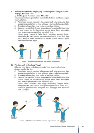 57Pendidikan Jasmani, Olahraga, dan Kesehatan
e.	 Pembelajaran Memukul Obyek yang Dilambungkan/Dilemparkan dari 	
	 Berbagai Arah dan Jarak
	 1)	Pembelajaran Memukul Lurus Mendatar
Sekarang coba kamu praktikkan memukul bola lurus mendatar dengan
cara berikut ini.
a)	 Amati dan rasakan pukulan bola dengan salah satu tanganmu, dan
tenaga yang disalurkan ke bola sehingga bola terpukul dengan baik.
b)	 Temukan pola gerakan yang paling sesuai buat dirimu.
c)	 Lakukan pukulan bola dengan tangan kanan, kemudian lakukan pula
dengan tangan kiri berulang-ulang sampai kamu dapat merasakan
pola gerakan yang enak dalam memukul bola.
	 Untuk dapat memukul bola lurus mendatar dengan benar,
menghadap ke arah sasaran, ayunkan pemukul ke depan bola dan
kayu pemukul tetap mengayun ke depan dengan tangan pukul
merentang jauh ke depan.
Gambar 2.14 Pembelajaran memukul bola lurus mendatar permainan kasti
2)	 Pukulan Jauh Melambung Tinggi
	 Sekarang coba kamu praktikkan memukul bola tinggi/melambung 		
	 dengan cara berikut ini.
a)	 Amati dan rasakan pukulan bola dengan salah satu tanganmu, dan
tenaga yang disalurkan ke bola sehingga bola terpukul dengan baik.
b)	 Temukan pola gerakan yang paling sesuai buat dirimu.
c)	 Lakukan pukulan bola dengan tangan kanan, kemudian lakukan pula
dengan tangan kiri berulang-ulang sampai kamu dapat merasakan
pola gerakan yang enak dalam memukul bola.
	 Untuk dapat memukul bola tinggi/melambung dengan benar,
menghadap ke arah sasaran dan ayunkan pemukul ke depan bola,
kemudian pemukul tepat mengenai bola sehingga bola meluncur
jauh ke depan.
Gambar 2.15 Pembelajaran memukul bola melambung tinggi permainan kasti
 