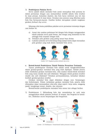 74 Kelas VII SMP/MTs
3)	 Pembelajaran Pukulan Servis
Servis adalah teknik memukul bola untuk menyajikan bola pertama ke
dalam permainan dengan cara memantulkan terlebih dahulu bola tersebut
ke meja penyaji, kemudian dipukul, dan bola harus melewati atas net dan
akhirnya memantul di meja lawan. Gerakan atau putaran yang diberikan pada
bola bisa bermacam-macam. Gambar berikut merupakan contoh rangkaian
gerakan forehand chop service.
Sekarang coba kamu praktikkan pukulan servis permainan tenismeja dengan
cara berikut ini.
a)	 Amati dan rasakan perkenaan bet dengan bola dengan menggunakan
teknik pukulan servis pada betmu, dan tenaga yang disalurkan ke bet
sehingga bola terpukul dengan baik.
b)	 Temukan pola gerakan yang paling sesuai buat dirimu.
c)	 Lakukan pukulan servis berulang-ulang sampai kamu dapat merasakan
pola gerakan yang enak dalam memukul bola servis.
Gambar 2.40 Rangkaian gerakan forehand chop service
e.	 Bentuk-bentuk Pembelajaran Teknik Pukulan Permainan Tenismeja
Tujuan pembelajaran memukul bola adalah untuk mengkombinasikan
teknik gerakan-gerakan memukul bola yang telah dipelajari. Setelah peserta
didik melakukan gerakan memukul bola, coba rasakan teknik-teknik memukul
bola yang mana mudah dan sulit dilakukan. Mengapa teknik gerakan tersebut
mudah dan sulit dilakukan? Temukan permasalahannya, kemudian lakukan
kembali gerakan-gerakan tersebut.
Gerakan memukul bola dapat dilakukan dengan cara: berpasangan
dan berkelompok. Dalam melakukan gerakan memukul bola, peserta didik
diharapkan dapat menunjukkan nilai-nilai sikap seperti: kerja sama, tanggung
jawab, menghargai teman, disiplin, dan toleransi.
Bentuk-bentuk pembelajaran memukul bola antara lain sebagai berikut.
1)	 Pembelajaran 1: Melambung bola dan memukulnya ke arah meja
menggunakan teknik pukulan forehand, di tempat, dan bergerak ke kanan-
kiri, dilakukan secara berpasangan dan bergantian.
Gambar 2.41 Pembelajaran 1 bentuk-bentuk latihan permainan tenismeja
Bergerak ke
kanan dan ke kiri
Pemukul Bola
Penerima Bola
 