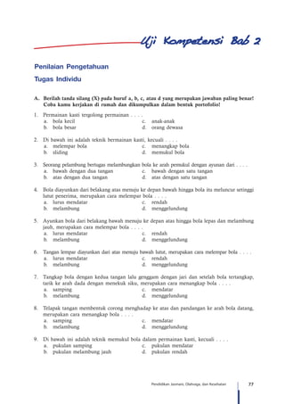 77Pendidikan Jasmani, Olahraga, dan Kesehatan
Penilaian Pengetahuan
Tugas Individu
A.	 Berilah tanda silang (X) pada huruf a, b, c, atau d yang merupakan jawaban paling benar!
Coba kamu kerjakan di rumah dan dikumpulkan dalam bentuk portofolio!
1.	 Permainan kasti tergolong permainan . . . .
a.	 bola kecil	 c.	 anak-anak
b.	 bola besar	 d.	 orang dewasa
2.	 Di bawah ini adalah teknik bermainan kasti, kecuali . . . .
a.	 melempar bola	 c.	 menangkap bola
b.	 sliding	 d.	 memukul bola
3.	 Seorang pelambung bertugas melambungkan bola ke arah pemukul dengan ayunan dari . . . .
a.	 bawah dengan dua tangan	 c.	 bawah dengan satu tangan
b.	 atas dengan dua tangan	 d.	 atas dengan satu tangan
4.	 Bola diayunkan dari belakang atas menuju ke depan bawah hingga bola itu meluncur setinggi
lutut penerima, merupakan cara melempar bola . . . .
a.	 lurus mendatar	 c.	 rendah
b.	melambung	 d.	menggelundung
5.	 Ayunkan bola dari belakang bawah menuju ke depan atas hingga bola lepas dan melambung
jauh, merupakan cara melempar bola . . . .
a.	 lurus mendatar	 c.	 rendah
b.	melambung	 d.	menggelundung
6.	 Tangan lempar diayunkan dari atas menuju bawah lutut, merupakan cara melempar bola . . . .
a.	 lurus mendatar	 c.	 rendah
b.	melambung	 d.	menggelundung
7.	 Tangkap bola dengan kedua tangan lalu genggam dengan jari dan setelah bola tertangkap,
tarik ke arah dada dengan menekuk siku, merupakan cara menangkap bola . . . .
a.	samping	 c.	 mendatar
b.	melambung	 d.	menggelundung
8.	 Telapak tangan membentuk corong menghadap ke atas dan pandangan ke arah bola datang,
merupakan cara menangkap bola . . . .
a.	samping	 c.	 mendatar
b.	melambung	 d.	menggelundung
9.	 Di bawah ini adalah teknik memukul bola dalam permainan kasti, kecuali . . . .
a.	 pukulan samping	 c.	 pukulan mendatar
b.	 pukulan melambung jauh	 d.	 pukulan rendah
2
 