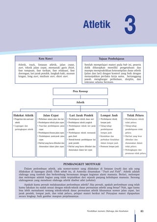 83Pendidikan Jasmani, Olahraga, dan Kesehatan
Atletik, track, lintasan atletik, jalan cepat,
start, teknik jalan cepat, memasuki garis finish,
fase tumpuan, fase tarikan, fase relaksasi, fase
dorongan, lari jarak pendek, langkah kaki, ayunan
lengan, long start, medium start, short start.
Kata Kunci
Peta Konsep
Atletik
Setelah mempelajari materi pada bab ini, peserta
didik diharapkan memiliki pengetahuan dan
mampu mempraktikkan keterampilan dasar atletik
(jalan dan lari) dengan kontrol yang baik dengan
menunjukkan perilaku kerja sama, bertanggung
jawab, menghargai perbedaan, disiplin, dan
toleransi selama bermain.
Tujuan Pembelajaran
3Atletik
Hakekat Atletik
•Pengertiandanasal-usul
atletik
• Lapangan dan
perlengkapan atletik
Jalan Cepat
• Perbedaan antara jalan dan lari.
• Pembelajaran teknik jalan cepat.
• Fase-fase pembelajaran jalan
cepat.
•Pembelajarankhususjalancepat.
• Pembelajaran jarak-jarak jalan
cepat.
•Hal-halyangharusdihindaridan
diutamakan dalam jalan cepat.
Lari Jarak Pendek
• Pembelajaran teknik dasar start
• Pembelajaran teknik jongkok
• Pembelajaran teknik lari jarak
pendek
• Pembelajaran teknik memasuki
garis finish
• Bentuk-bentuk pembelajaran lari
jarak pendek
• Hal-hal yang harus dihindari dan
diutamakan dalam lari cepat.
Lompat Jauh
• Pembelajaran teknik
lompat jauh.
• Tahap-tahap
pembelajaran
lompat jauh.
• Kesalahan dan
perbaikan kesalahan
dalam lompat jauh.
• Peraturan lompat jauh.
Tolak Peluru
• Pembelajaran teknik
tolak peluru.
• Tahap-tahap
pembelajaran tolak
peluru.
• Hal-hal yang hrus
dihindari dan
diutamakan dalam
tolak peluru.
• Perlengkapan dan
peraturan tolak peluru.
PEMBANGKIT MOTIVASI
Dalam perlombaan atletik, ada nomor-nomor yang dilakukan di lintasan (track) dan ada yang
dilakukan di lapangan (field). Oleh sebab itu, di Amerika dinamakan “Track and Field”. Atletik adalah
olahraga yang tumbuh dan berkembang bersamaan dengan kegiatan alami manusia. Berlari, melompat
dan melempar adalah bagian yang tidak terpisahkan dari sejarah panjang kehidupan manusia. Seorang
olahragawan yang menekuni olahraga atletik disebut atlet (athelete).
Apakah kamu pernah melaksanakan perlombaan atletik? Jika pernah, apakah perlombaan yang telah
kamu lakukan itu sudah sesuai dengan teknik-teknik dasar permainan atletik yang benar? Nah, agar kamu
bisa lebih memahami tentang teknik-teknik dasar permainan atletik khususnya nomor jalan cepat, lari
jarak pendek, lompat jauh, dan tolak peluru, pelajari materi berikut ini! Penyajian materi dipaparkan
secara lengkap, baik gambar maupun penjelasannya.
 