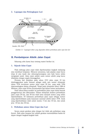85Pendidikan Jasmani, Olahraga, dan Kesehatan
2.	 Lapangan dan Perlengkapan Lari
Gambar 3.1 Lapangan/sektor yang digunakan dalam perlombaan jalan cepat dan lari
B.	Pembelajaran Atletik Jalan Cepat  
Sekarang coba kamu baca tentang materi berikut ini.
1.	 Sejarah Jalan Cepat
Pada olahraga jalan cepat tidak diperkenankan langkah melayang
atau membuat lompatan. Menurut aturannya, kaki pejalan cepat harus
tetap di atas tanah dan sekurang-kurangnya satu kaki harus selalu
menginjak tanah. Jalan cepat adalah suatu nomor atletik yang harus
dilakukan dengan segala kesungguhan.
Pertama kali diadakan pada tahun 1912 jalan cepat 10 km
diselenggarakan pada lintasan sebagai salah satu nomor olimpiade
tahun 1976 tercantum nomor jalan cepat 20 km, yang sejak 1956
dipertandingkan dalam olimpiade. Tetapi pada olimpiade tahun 1980 di
Mokswa, jalan cepat 50 km dicantumkan lagi dalam nomor perlombaan.
Pada tahun-tahun terakhir ini perlombaan jalan cepat mulai banyak
penggemarnya dan dibicarakan. Dalam olimpiade modern perlombaan
jalan cepat 20 km, dan 50 km telah lama menjadi nomor yang selalu
diperlombakan. Di Indonesia perlombaan jalan cepat sebagai nomor
yang diperlombakan pada kejuaraan nasional atletik tahun 1978. Jarak
yang diperlombakan ialah untuk wanita: 5 km dan 10 km, dan untuk
pria: 10 km dan 20 km.
2.	 Perbedaan antara Jalan Cepat dan Lari
Secara awam gerakan jalan dengan lari tidak ada perbedaan yang
berarti. Baik jalan maupun lari adalah gerakan memindahkan badan ke
depan dengan langkah-langkah kaki.
Sumber: PB. PASI
 