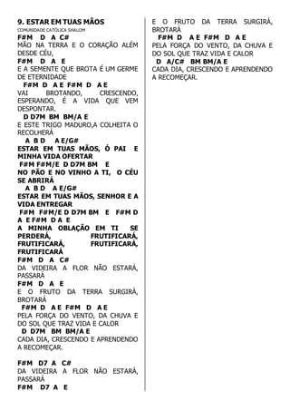 9. ESTAR EM TUAS MÃOS 
COMUNIDADE CATÓLICA SHALOM 
F#M D A C# 
MÃO NA TERRA E O CORAÇÃO ALÉM 
DESDE CÉU, 
F#M D A E 
E A SEMENTE QUE BROTA É UM GERME 
DE ETERNIDADE 
F#M D A E F#M D A E 
VAI BROTANDO, CRESCENDO, 
ESPERANDO, É A VIDA QUE VEM 
DESPONTAR. 
D D7M BM BM/A E 
E ESTE TRIGO MADURO,A COLHEITA O 
RECOLHERÁ 
A B D A E/G# 
ESTAR EM TUAS MÃOS, Ó PAI E 
MINHA VIDA OFERTAR 
F#M F#M/E D D7M BM E 
NO PÃO E NO VINHO A TI, O CÉU 
SE ABRIRÁ 
A B D A E/G# 
ESTAR EM TUAS MÃOS, SENHOR E A 
VIDA ENTREGAR 
F#M F#M/E D D7M BM E F#M D 
A E F#M D A E 
A MINHA OBLAÇÃO EM TI SE 
PERDERÁ, FRUTIFICARÁ, 
FRUTIFICARÁ, FRUTIFICARÁ, 
FRUTIFICARÁ 
F#M D A C# 
DA VIDEIRA A FLOR NÃO ESTARÁ, 
PASSARÁ 
F#M D A E 
E O FRUTO DA TERRA SURGIRÁ, 
BROTARÁ 
F#M D A E F#M D A E 
PELA FORÇA DO VENTO, DA CHUVA E 
DO SOL QUE TRAZ VIDA E CALOR 
D D7M BM BM/A E 
CADA DIA, CRESCENDO E APRENDENDO 
A RECOMEÇAR. 
F#M D7 A C# 
DA VIDEIRA A FLOR NÃO ESTARÁ, 
PASSARÁ 
F#M D7 A E 
E O FRUTO DA TERRA SURGIRÁ, 
BROTARÁ 
F#M D A E F#M D A E 
PELA FORÇA DO VENTO, DA CHUVA E 
DO SOL QUE TRAZ VIDA E CALOR 
D A/C# BM BM/A E 
CADA DIA, CRESCENDO E APRENDENDO 
A RECOMEÇAR. 
 