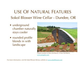 USE OF NATURAL FEATURES
     Sokol Blosser Wine Cellar - Dundee, OR
   • underground
     chamber naturally
     stays cooler
   • rounded profile
     blends in with
     landscape

                                             Photo courtesy of Sera Architects, © Sera Architects,
                                             www.serapdx.com


For more information, visit the Sokol Blosser Winery website at www.sokolblosser.com
 
