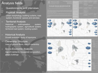 Analysis fields
‒   Questionnaries and interviews
‒   Physical Analysis
    Urban morphology, building curtains, road
    system, functional spaces and servises

‒   Territorial Analysis
    Historical       anthropisation      system,
    hydrographic system, agricoltural system,
    territorial road system, buiding system


‒ Historical Analysis
    Growth evolution, study of toponyms

‒ Ownership Structure
    Uses of ground floors, size of ownership

‒ Socio-Economic Analysis
    Age of inabitants, household composition,
    empty buildings
 