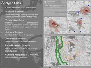 Analysis fields
‒   Questionnaries and interviews
‒   Physical Analysis
    Urban morphology, building curtains, road
    system, functional spaces and servises

‒   Territorial Analysis
    Historical                 anthropisation
    system, hydrographic system, agricoltural
    system, territorial road system, buiding
    system
‒ Historical Analysis
    Growth evolution, study of toponyms

‒ Ownership Structure
    Uses of ground floors, size of ownership

‒ Socio-Economic Analysis
    Age of inabitants, household composition,
    empty buildings

‒ Planning, Programs and Policies
    Istitutional planning analysis
 