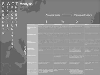 S W O T Analysis
T   E   P   H
R   A   P   R
E   K   O   E           Analysis fields       Planning structure
N   N   R   A
G   E   T   T           S                 W    O               T
H   S   U   S
T   S   N
S       I
        T
        I
        E
                GOALS




        S
 