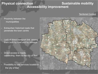 Physical connection                 Sustainable mobility
               Accessibility improvement

                                               Territorial Context

‒ Proximity between the
    municipalities

‒ Extraurban historical roads that
  penetrate the town centre



‒ Lack of direct transport link among
  them both by road and by railways



‒ Direct access to roads
  connecting them to the city of Bari



‒ Possibility to use services located in
    the city of Bari
 