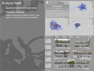 Analysis fields
‒   Questionnaries and interviews
‒   Physical Analysis
    Urban morphology, building curtains, road
    system, functional spaces and servises
 