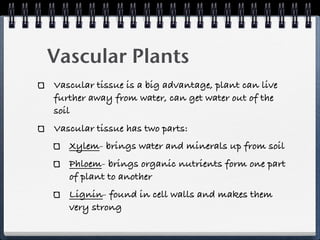 Vascular Plants
Vascular tissue is a big advantage, plant can live
further away from water, can get water out of the
soil
Vascular tissue has two parts:
   Xylem- brings water and minerals up from soil
   Phloem- brings organic nutrients form one part
   of plant to another
   Lignin- found in cell walls and makes them
   very strong
 