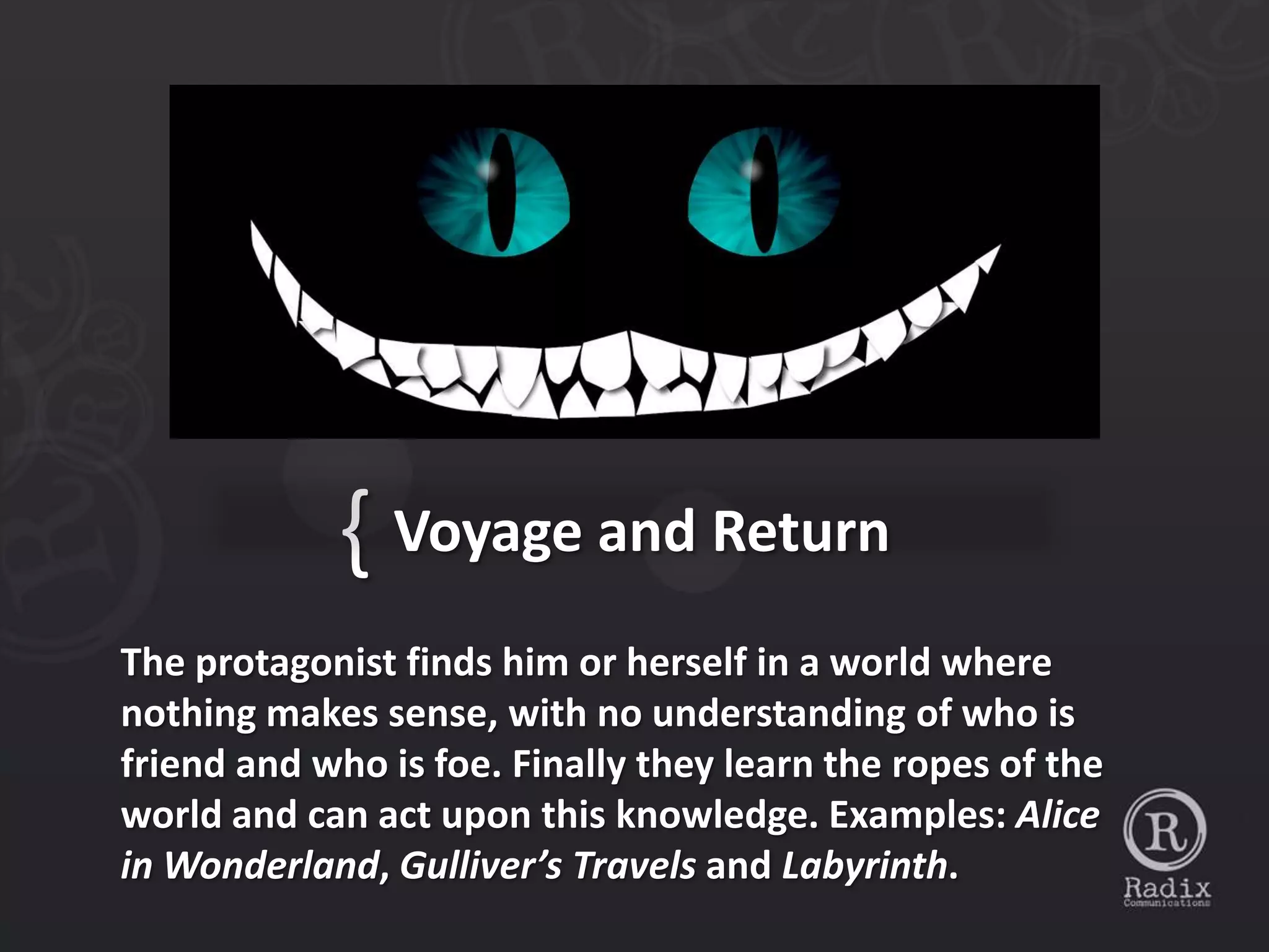 { Voyage and Return
The protagonist finds him or herself in a world where
nothing makes sense, with no understanding of who is
friend and who is foe. Finally they learn the ropes of the
world and can act upon this knowledge. Examples: Alice
in Wonderland, Gulliver’s Travels and Labyrinth.
 