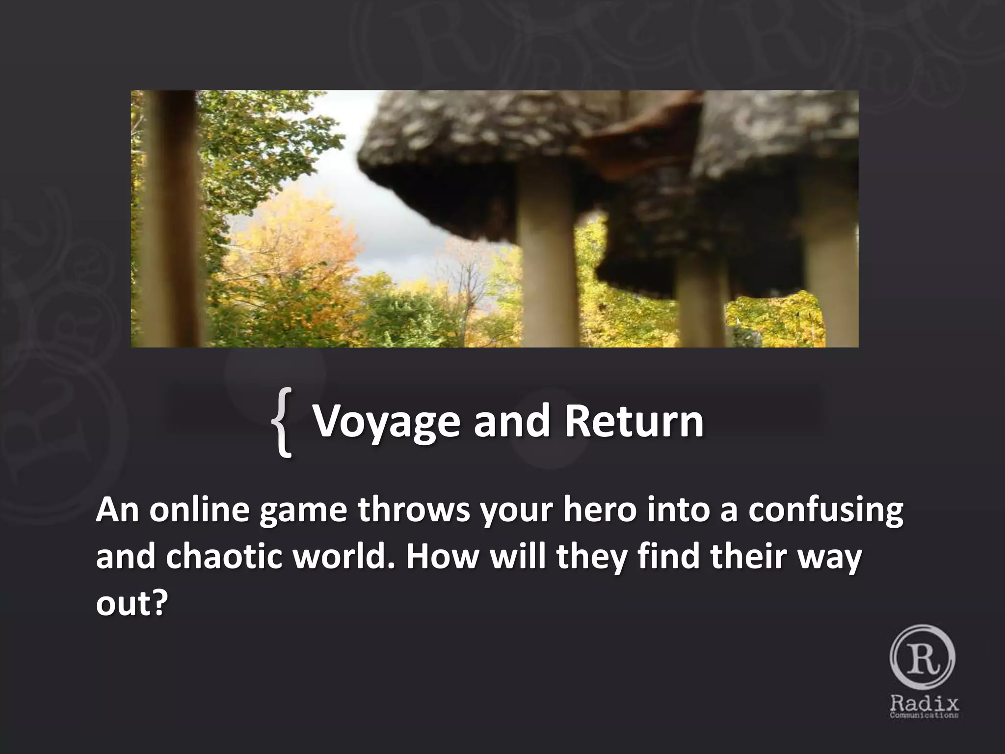 { Voyage and Return
An online game throws your hero into a confusing
and chaotic world. How will they find their way
out?
 