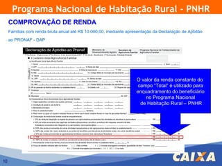 Programa Nacional de Habitação Rural - PNHR
     COMPROVAÇÃO DE RENDA
     Famílias com renda bruta anual até R$ 10.000,00, mediante apresentação da Declaração de Aptidão
     ao PRONAF - DAP




                                                                   O valor da renda constante do
                                                                    campo “Total” é utilizado para
                                                                   enquadramento do beneficiário
                                                                       no Programa Nacional
                                                                     de Habitação Rural – PNHR




10
 