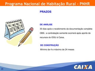 Programa Nacional de Habitação Rural - PNHR
                      PRAZOS



                      DE ANÁLISE

                      30 dias após o recebimento da documentação completa

                      OBS.: a contratação somente ocorrerá após aporte de

                      recursos do OGU à Caixa.


                      DE CONSTRUÇÃO

                      Mínimo de 4 e máximo de 24 meses




23
 