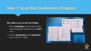Step 1: Scan the Conference Program.
This allows you to do two things:
1) Plan meetings around keynotes
and breakout sessions you won’t
miss.
2) Scout presenters and speakers
you want to meet.
 
