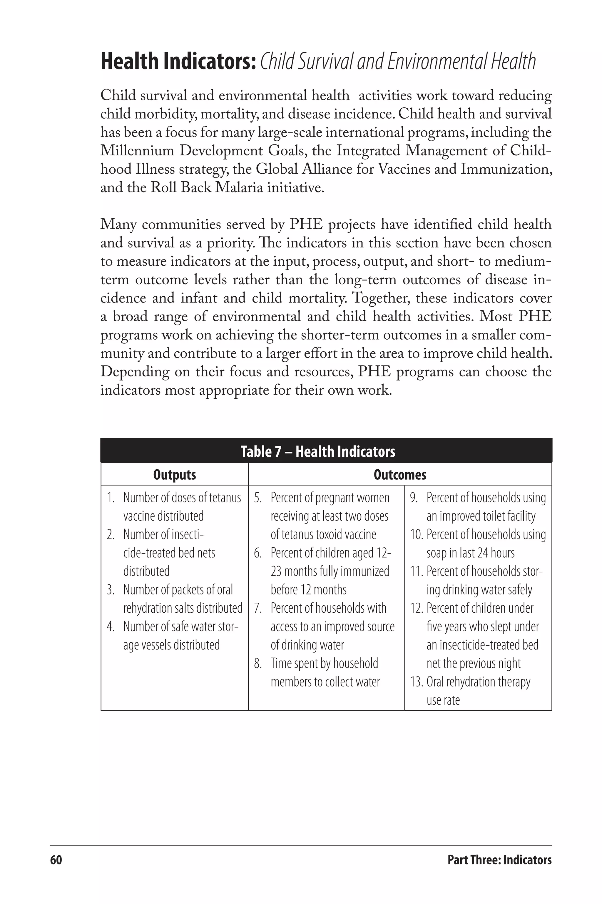 Health Indicators: Child Survival and Environmental Health 
Child survival and environmental health activities work toward reducing 
child morbidity, mortality, and disease incidence. Child health and survival 
has been a focus for many large-scale international programs, including the 
Millennium Development Goals, the Integrated Management of Child-hood 
Illness strategy, the Global Alliance for Vaccines and Immunization, 
and the Roll Back Malaria initiative. 
Many communities served by PHE projects have identified child health 
and survival as a priority. The indicators in this section have been chosen 
to measure indicators at the input, process, output, and short- to medium-term 
outcome levels rather than the long-term outcomes of disease in-cidence 
and infant and child mortality. Together, these indicators cover 
a broad range of environmental and child health activities. Most PHE 
programs work on achieving the shorter-term outcomes in a smaller com-munity 
and contribute to a larger effort in the area to improve child health. 
Depending on their focus and resources, PHE programs can choose the 
indicators most appropriate for their own work. 
Table 7 – Health Indicators 
Outputs Outcomes 
Number of doses of tetanus 
vaccine distributed 
Number of insecti-cide- 
treated bed nets 
distributed 
Number of packets of oral 
rehydration salts distributed 
Number of safe water stor-age 
vessels distributed 
1. 
2. 
3. 
4. 
Percent of pregnant women 
receiving at least two doses 
of tetanus toxoid vaccine 
Percent of children aged 12- 
23 months fully immunized 
before 12 months 
Percent of households with 
access to an improved source 
of drinking water 
Time spent by household 
members to collect water 
5. 
6. 
7. 
8. 
Percent of households using 
an improved toilet facility 
Percent of households using 
soap in last 24 hours 
Percent of households stor-ing 
drinking water safely 
Percent of children under 
five years who slept under 
an insecticide-treated bed 
net the previous night 
Oral rehydration therapy 
use rate 
9. 
10. 
11. 
12. 
13. 
60 Part Three: Indicators 
 