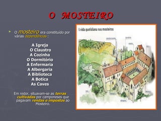 O  MOSTEIRO O  mosteiro   era constituído por várias  dependências  : A Igreja O Claustro A Cozinha O Dormitório A Enfermaria A Albergaria A Biblioteca A Botica As Caves Em redor, situavam-se as  terras cultivadas  por camponeses que pagavam  rendas e impostos  ao Mosteiro. 