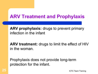 ARV Treatment and Prophylaxis
ARV prophylaxis: drugs to prevent primary
infection in the infant
ARV treatment: drugs to limit the effect of HIV
in the woman.
Prophylaxis does not provide long-term
protection for the infant.
ICTC Team Training
25
 