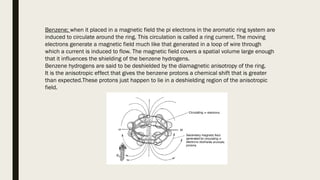 Benzene; when it placed in a magnetic field the pi electrons in the aromatic ring system are
induced to circulate around the ring. This circulation is called a ring current. The moving
electrons generate a magnetic field much like that generated in a loop of wire through
which a current is induced to flow. The magnetic field covers a spatial volume large enough
that it influences the shielding of the benzene hydrogens.
Benzene hydrogens are said to be deshielded by the diamagnetic anisotropy of the ring.
It is the anisotropic effect that gives the benzene protons a chemical shift that is greater
than expected.These protons just happen to lie in a deshielding region of the anisotropic
field.
 