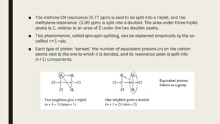■ The methine CH resonance (5.77 ppm) is said to be split into a triplet, and the
methylene resonance (3.95 ppm) is split into a doublet. The area under three triplet
peaks is 1, relative to an area of 2 under the two doublet peaks.
■ This phenomenon, called spin-spin splitting, can be explained empirically by the so
callled n+1 rule.
■ Each type of proton “senses” the number of equivalent protons (n) on the carbon
atoms next to the one to which it is bonded, and its resonance peak is spilt into
(n+1) components.
 