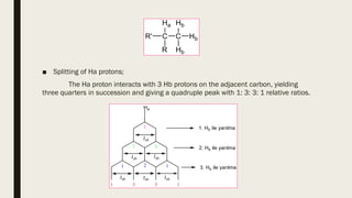 ■ Splitting of Ha protons;
The Ha proton interacts with 3 Hb protons on the adjacent carbon, yielding
three quarters in succession and giving a quadruple peak with 1: 3: 3: 1 relative ratios.
 