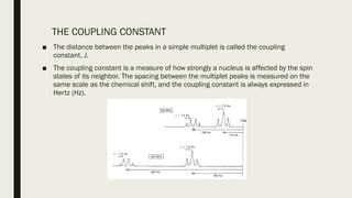 THE COUPLING CONSTANT
■ The distance between the peaks in a simple multiplet is called the coupling
constant, J.
■ The coupling constant is a measure of how strongly a nucleus is affected by the spin
states of its neighbor. The spacing between the multiplet peaks is measured on the
same scale as the chemical shift, and the coupling constant is always expressed in
Hertz (Hz).
 