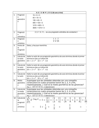 II. E J E M P L O S ( de uno a tres)
1. Progresió
n
geométric
a
15 = 5 × 3
45 = 15 × 3
135 = 45 × 3
405 = 135 × 3
1215 = 405 × 3
3645 = 1215 × 3
2. Progresió
n
aritmética
3, 5, 7, 9, 11,... es una progresión aritmética de constante 2
3. Progresió
n
armónica
4. Partes de
la
Progresió
n
Armónica
Datos, y hay que revertirlos
5. Calculo de
la razón
geométric
a
Hallar la razón de una progresión geométrica de sesis términos donde el primer
término es dos y el último 64
r=2
6. Calculo de
la razón
geométric
a
Hallar la razón de una progresión geométrica de sesis términos donde el primer
término es dos y el último 64
r=2
7. Calculo de
la razón
Hallar la razón de una progresión geométrica de sesis términos donde el primer
término es dos y el último 64
r=2
8. Media
geométric
a
Supongase que las utilidades obtenidas por una compañía
constructora en cuatro proyectos fueron de 3, 2, 4 y 6%,
respectivamente. ¿ Cúal es la media geométrica de las ganancias?
= 3.4641011615
9. Calculo de
la media
geométric
a
Supongase que las utilidades obtenidas por una compañía
constructora en cuatro proyectos fueron de 3, 2, 4 y 6%,
respectivamente. ¿ Cúal es la media geométrica de las ganancias?
= 3.4641011615
10
.
Calculo de
la
progresió
n
armónica
 