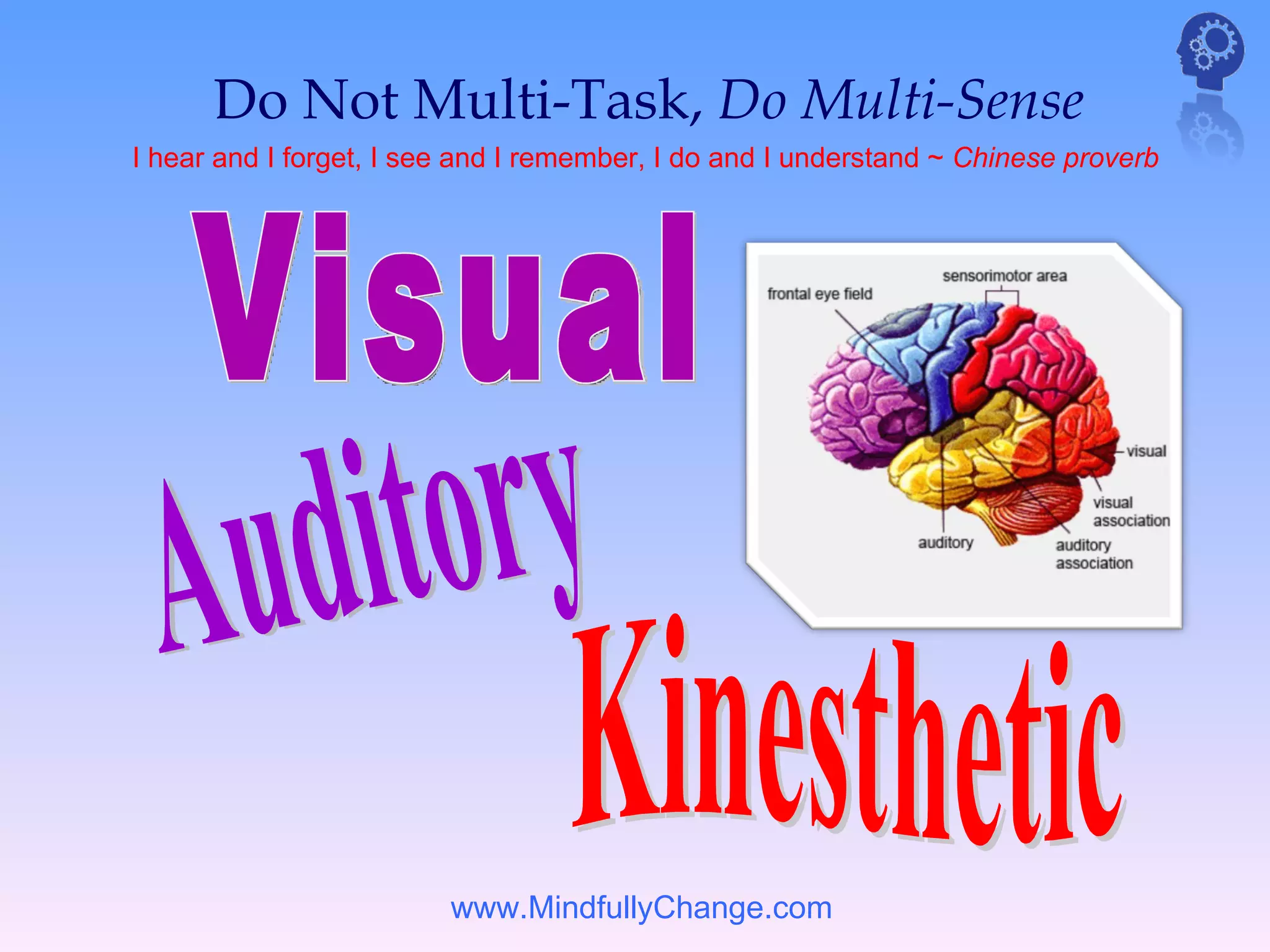 Do Not Multi-Task, Do Multi-Sense
I hear and I forget, I see and I remember, I do and I understand ~ Chinese proverb




                         www.MindfullyChange.com
 