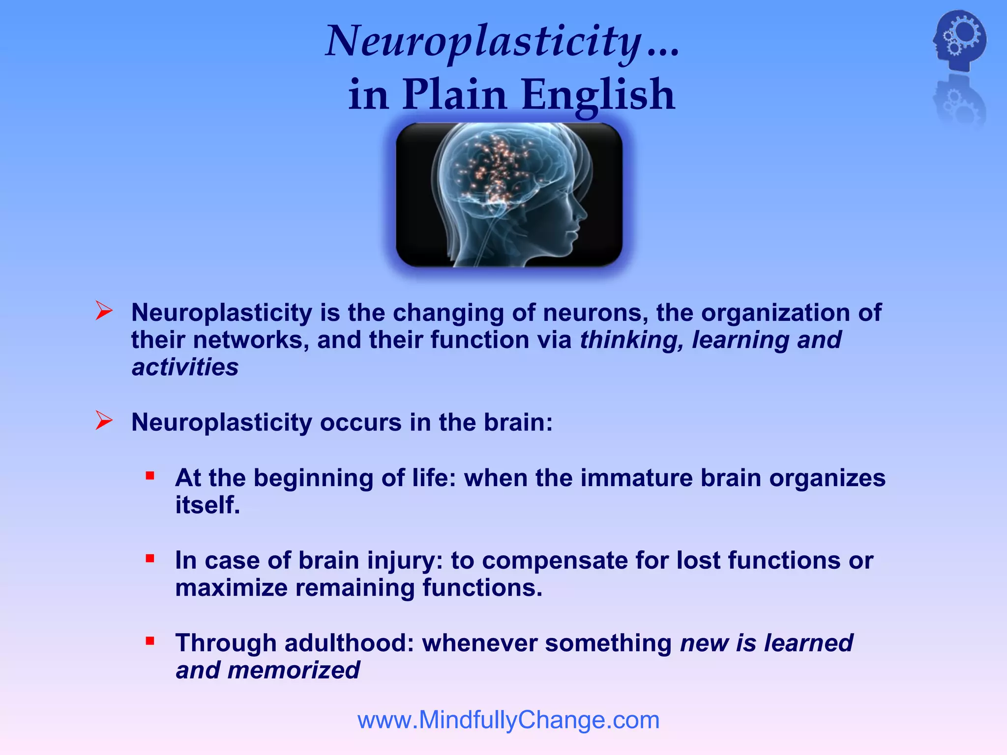 Neuroplasticity…
                    in Plain English



 Neuroplasticity is the changing of neurons, the organization of
   their networks, and their function via thinking, learning and
   activities

 Neuroplasticity occurs in the brain:
     At the beginning of life: when the immature brain organizes
      itself.

     In case of brain injury: to compensate for lost functions or
      maximize remaining functions.

     Through adulthood: whenever something new is learned
      and memorized
                      www.MindfullyChange.com
 