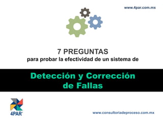 www.consultoriadeproceso.com.mx
7 PREGUNTAS
para probar la efectividad de un sistema de
Detección y Corrección
de Fallas
www.4par.com.mx
 