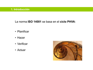 1. Introducción
La norma ISO 14001 se basa en el ciclo PHVA:
• Planificar
• Hacer
• Verificar
• Actuar
 