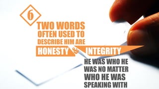 TWO WORDS
OFTEN USED TO
DESCRIBE HIM ARE
HONESTY INTEGRITY
HE WAS WHO HE
WAS NO MATTER
WHO HE WAS
SPEAKING WITH
6