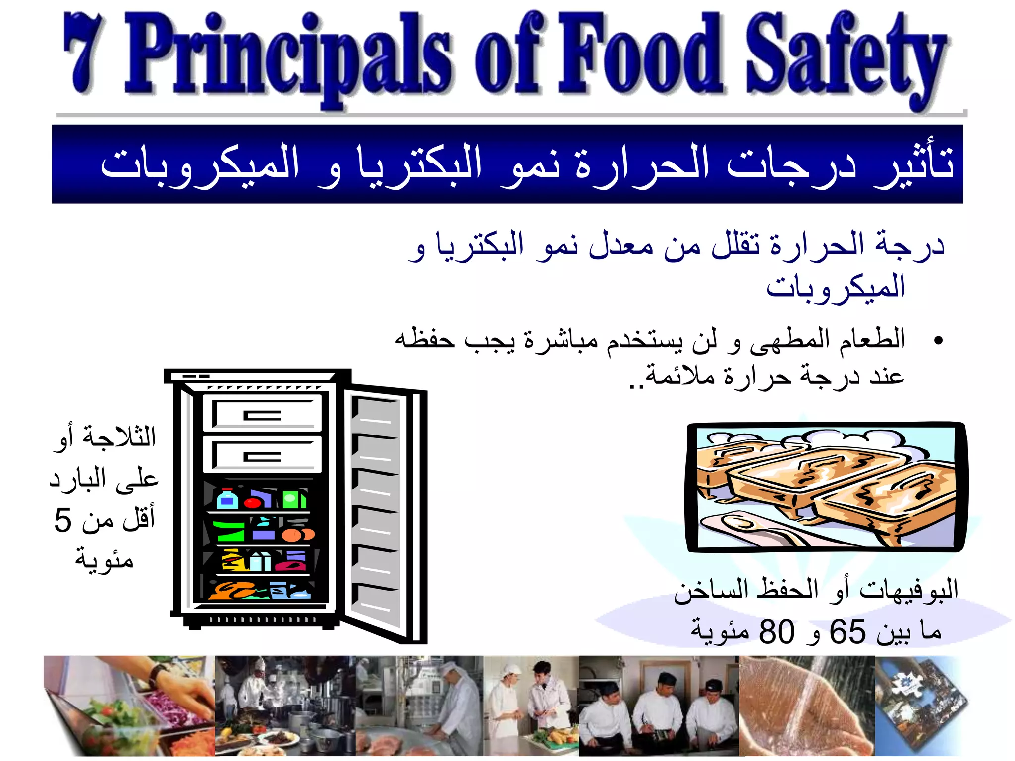 ‫الميكر‬ ‫و‬ ‫البكتريا‬ ‫نمو‬ ‫الحرارة‬ ‫درجات‬ ‫تأثير‬
‫وبات‬
‫و‬ ‫البكتريا‬ ‫نمو‬ ‫معدل‬ ‫من‬ ‫تقلل‬ ‫الحرارة‬ ‫درجة‬
‫الميكروبات‬
•
‫حفظه‬ ‫يجب‬ ‫مباشرة‬ ‫يستخدم‬ ‫لن‬ ‫و‬ ‫المطهى‬ ‫الطعام‬
‫مالئمة‬ ‫حرارة‬ ‫درجة‬ ‫عند‬
..
‫أو‬ ‫الثالجة‬
‫البارد‬ ‫على‬
‫من‬ ‫أقل‬
5
‫مئوية‬
‫السا‬ ‫الحفظ‬ ‫أو‬ ‫البوفيهات‬
‫خن‬
‫بين‬ ‫ما‬
65
‫و‬
80
‫مئوية‬
 