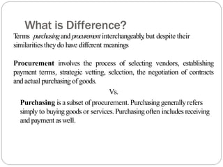What is Difference?
T
erms purchasingand procurement interchangeably
, but despite their
similarities theydo have different meanings
Procurement involves the process of selecting vendors, establishing
payment terms, strategic vetting, selection, the negotiation of contracts
and actual purchasingof goods.
Vs.
Purchasing is asubset of procurement. Purchasing generallyrefers
simply to buying goods or services.Purchasingoften includes receiving
and payment aswell.
 