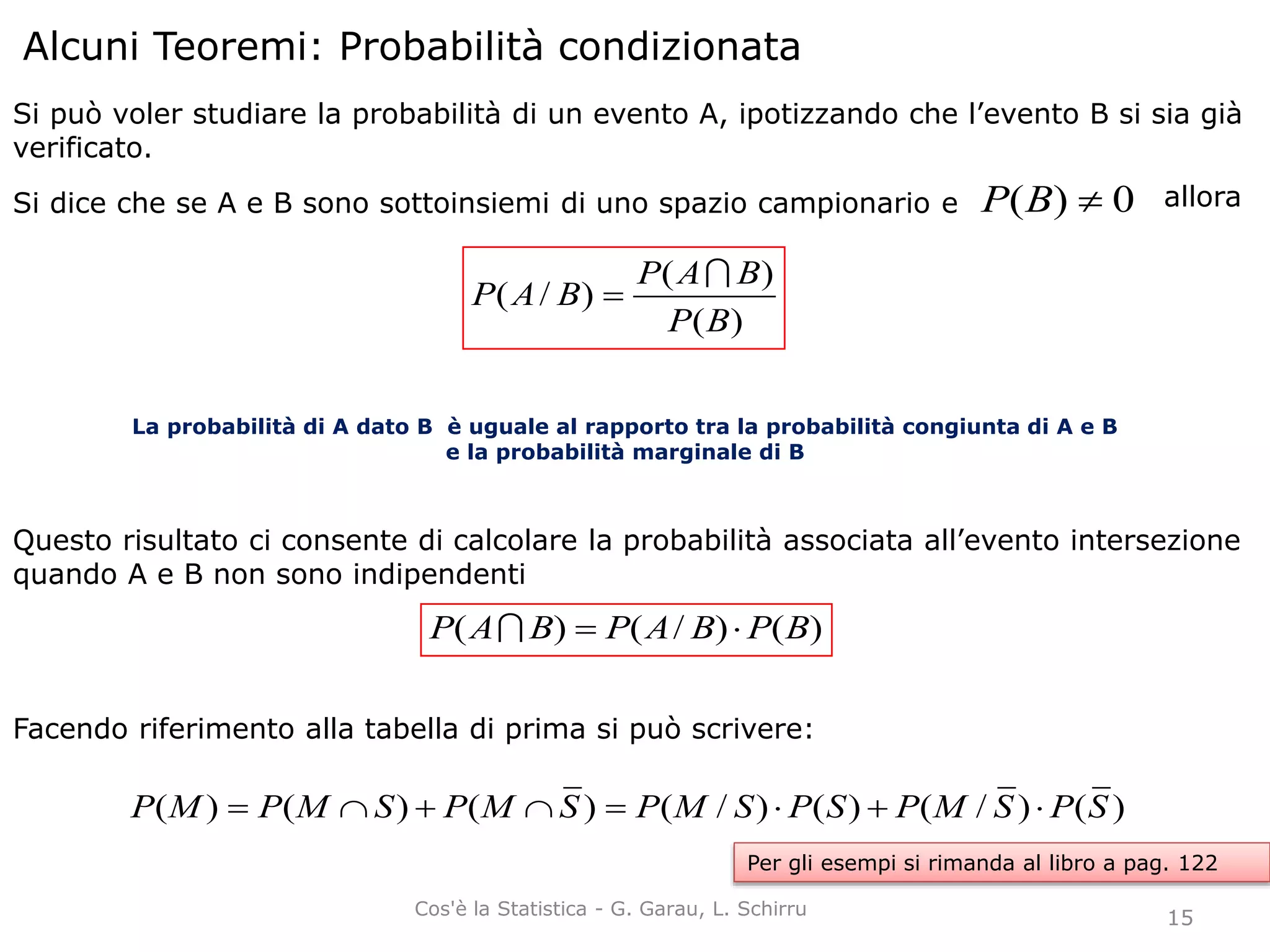 Alcuni Teoremi: Probabilità condizionata
Si può voler studiare la probabilità di un evento A, ipotizzando che l’evento B si sia già
verificato.
Si dice che se A e B sono sottoinsiemi di uno spazio campionario e 0)( BP allora
)(
)(
)/(
BP
BAP
BAP


La probabilità di A dato B è uguale al rapporto tra la probabilità congiunta di A e B
e la probabilità marginale di B
Questo risultato ci consente di calcolare la probabilità associata all’evento intersezione
quando A e B non sono indipendenti
)()/()( BPBAPBAP 
Facendo riferimento alla tabella di prima si può scrivere:
)()/()()/()()()( SPSMPSPSMPSMPSMPMP 
Per gli esempi si rimanda al libro a pag. 122
15Cos'è la Statistica - G. Garau, L. Schirru
 