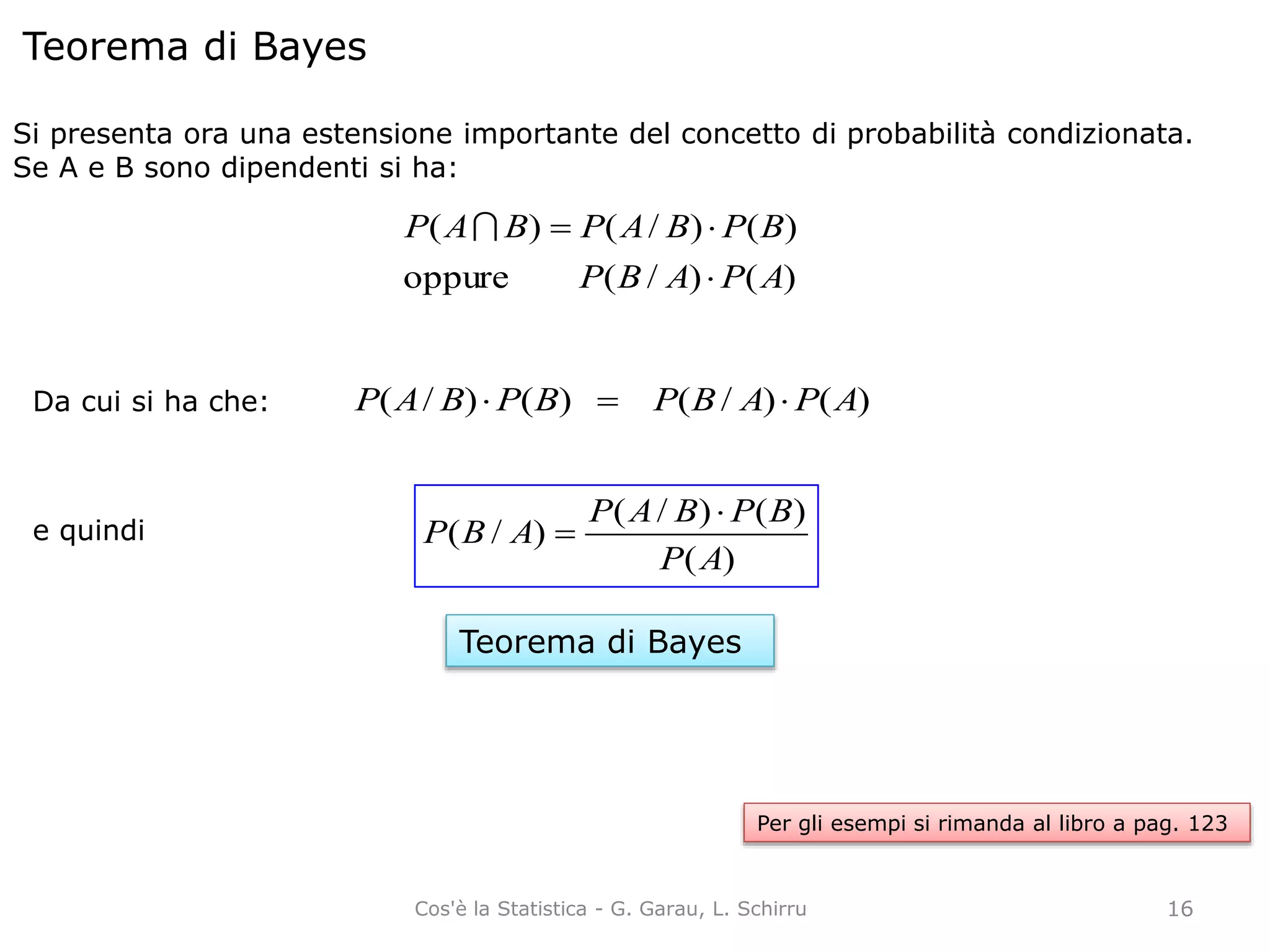 Teorema di Bayes
Si presenta ora una estensione importante del concetto di probabilità condizionata.
Se A e B sono dipendenti si ha:
)()/(oppure
)()/()(
APABP
BPBAPBAP


Da cui si ha che: )()/()()/( APABPBPBAP 
e quindi
)(
)()/(
)/(
AP
BPBAP
ABP


Teorema di Bayes
Per gli esempi si rimanda al libro a pag. 123
16Cos'è la Statistica - G. Garau, L. Schirru
 