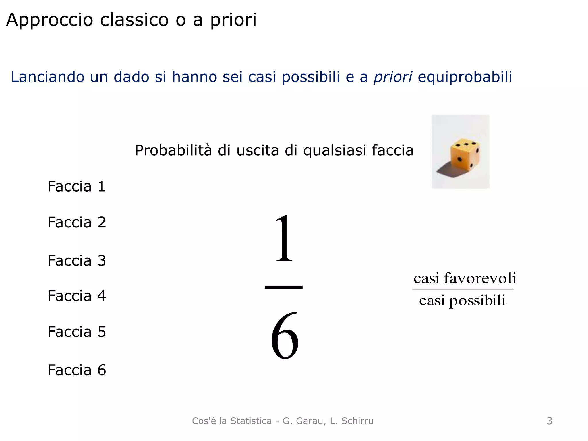 Approccio classico o a priori
Lanciando un dado si hanno sei casi possibili e a priori equiprobabili
Faccia 1
Faccia 2
Faccia 3
Faccia 4
Faccia 5
Faccia 6
Probabilità di uscita di qualsiasi faccia
6
1
possibilicasi
favorevolicasi
3Cos'è la Statistica - G. Garau, L. Schirru
 