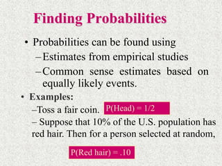 – Suppose that 10% of the U.S. population has
red hair. Then for a person selected at random,
Finding Probabilities
• Probabilities can be found using
–Estimates from empirical studies
–Common sense estimates based on
equally likely events.
P(Head) = 1/2
P(Red hair) = .10
• Examples:
–Toss a fair coin.
 