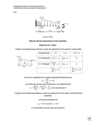 PROBLEMARIO DE ANÁLISIS DE ESTRUCTURAS ISOSTÁTICAS
E HIPERESTÁTICAS PARA VIGAS, MARCOS Y ARMADURAS EN R 2

4.F)
2 𝑇/𝑚

3𝑇
6 𝑇/𝑚

1 𝑇/𝑚
3 𝑇∙ 𝑚
𝐶

𝐵

𝐴
2𝑚

6𝑚

𝐷
1 𝑚

SOLUCIÓN.
Cálculo de las reacciones en los soportes.
Diagrama de cargas.
- Carga concentrada equivalente y punto de aplicación de la presión trapezoidal.
Componente

𝐴, 𝑇

𝑥̅ , 𝑚

𝑥̅ 𝐴, 𝑇 ∙ 𝑚

①=rectángulo

6(1) = 6

1
(6) = 3
2

18

②= triángulo

6(1)
=3
2

1
(6) = 2
3

6

∑ 𝐴=9

∑ 𝑥̅ 𝐴 = 24

La fuerza resultante de la carga trapezoidal distribuida es
𝐴1 = ∑ 𝐴 = 9𝑇
y su línea de acción está localizada a una distancia de
∑ ̅ 𝐴 24𝑇. 𝑚 8
𝑥
𝑥̅1 =
=
= 𝑚 a la derecha de B
∑ 𝐴
9𝑇
3
- Carga concentrada equivalente y punto de aplicación de la carga uniformemente
repartida.
La fuerza resultante es
𝐴2 = (6𝑇/𝑚)(2𝑚) = 12T
y el centroide a través del cual actúa es

344

 